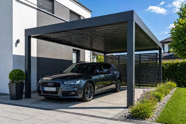 Dark gray Audi sedan parked under a modern black carport attached to a contemporary house, with a landscaped side garden nearby.