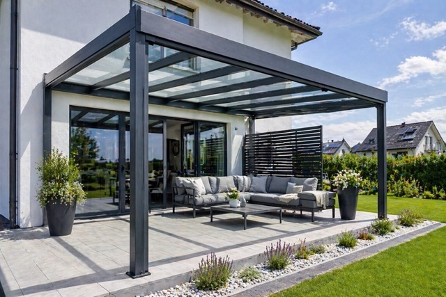 Modern glass-roofed patio with a dark metal frame, outdoor sofa seating, and potted plants in a landscaped backyard.