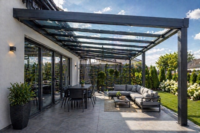 Covered outdoor patio under a glass canopy with a dark metal frame, featuring a black dining table and chairs beside a gray sectional seating area on gray tile flooring. Nearby sliding glass doors open to the interior.
