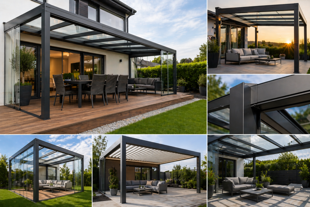 Modern glass-walled patio enclosure with outdoor dining on a wooden deck beside a lush garden.
