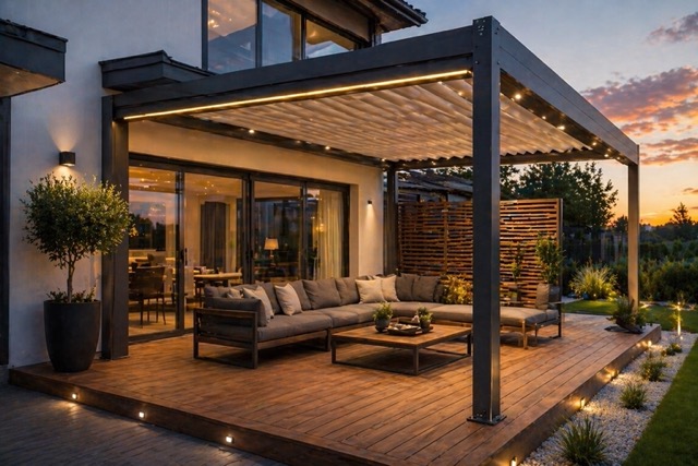 Modern outdoor patio at dusk with a L-shaped sectional sofa under a pergola and warm lighting