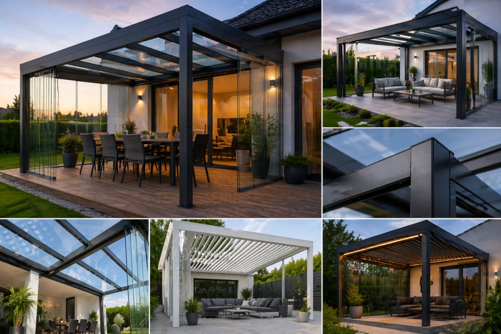 Modern glass-wenced patio extension with outdoor dining table and chairs at sunset”,