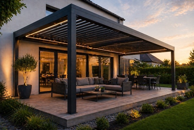Modern covered outdoor patio with a dark pergola, string lights, and a seating area overlooking a landscaped yard at sunset.