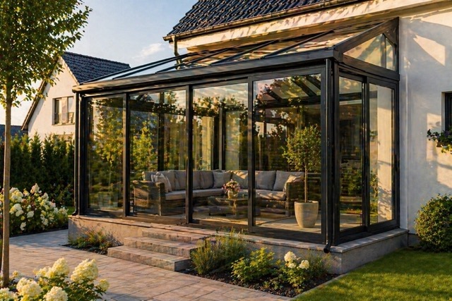 Glass-walled sunroom with a black metal frame attached to a beige house, featuring seating and potted plants inside.