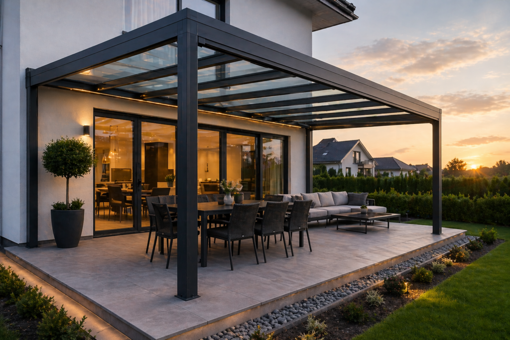 Modern backyard patio at sunset with glass-walled house, large dining table and woven chairs under a dark metal pergola